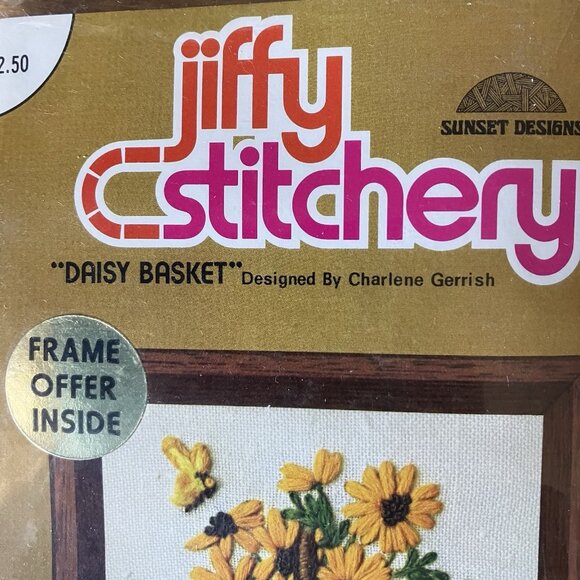 Jiffy 4x5 Crewel Kit & Frame Daisy Basket #225B ©1973 & Frame F-45 ©1974 NOS - Picture 4 of 12
